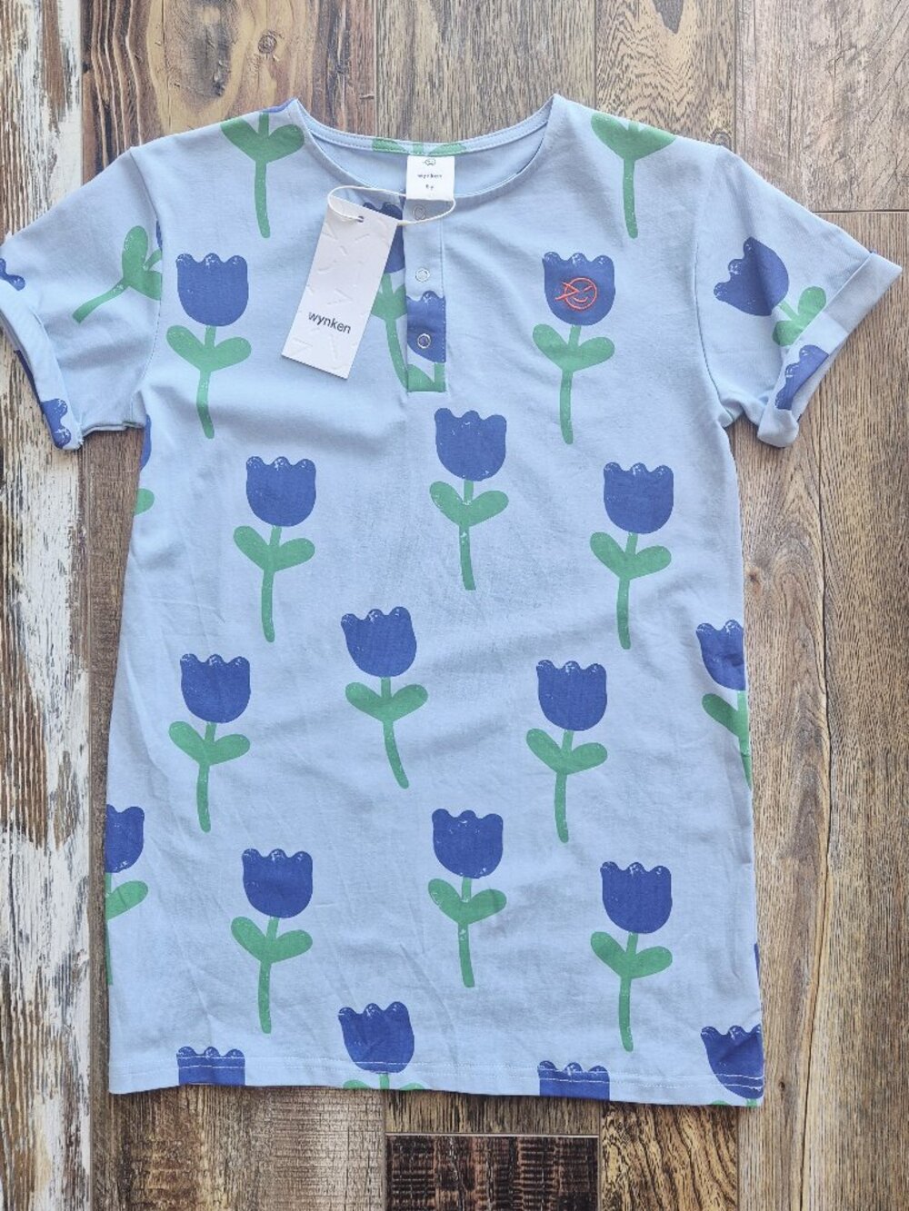 NWT Wynken Bird Blue Onda Tulips Tee-Shirt Snap Short Sleeve Cotton